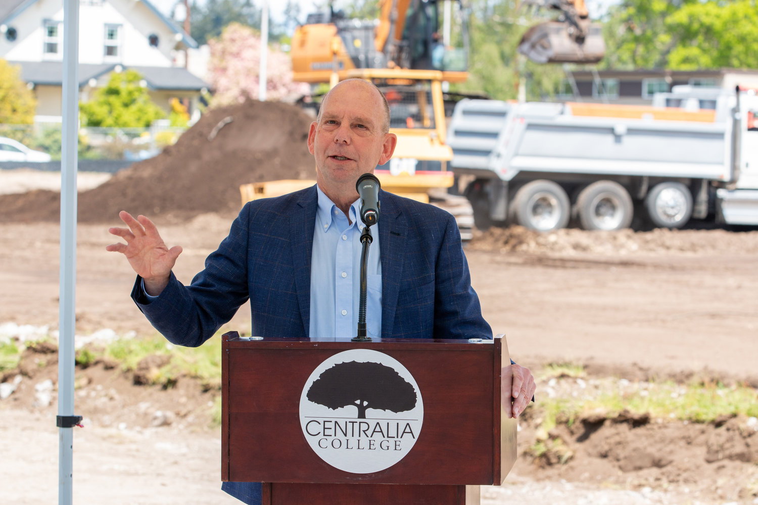 Mark Scheibmeir, Centralia College Board of Trustees member since 2017, gives a brief history of the Centralia College campus and the path that led to the creation of the muti-purpose athletic field today during the groundbreaking ceremony held Wednesday afternoon.